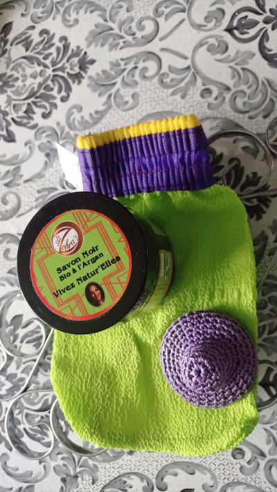 Ensemble Savon noir + gant de gommage + pierre peeling